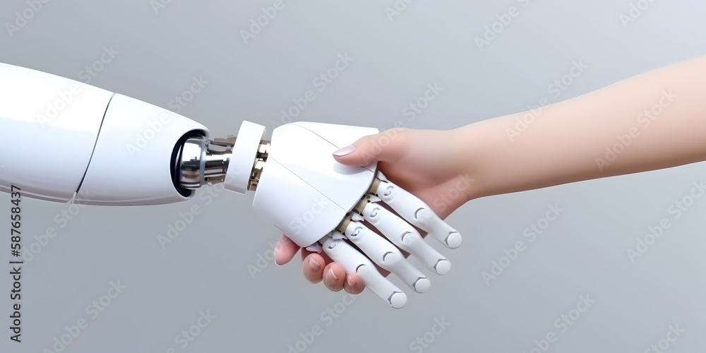Wall mural robot and man hands in handshake. ai technology development and human robot relationships.