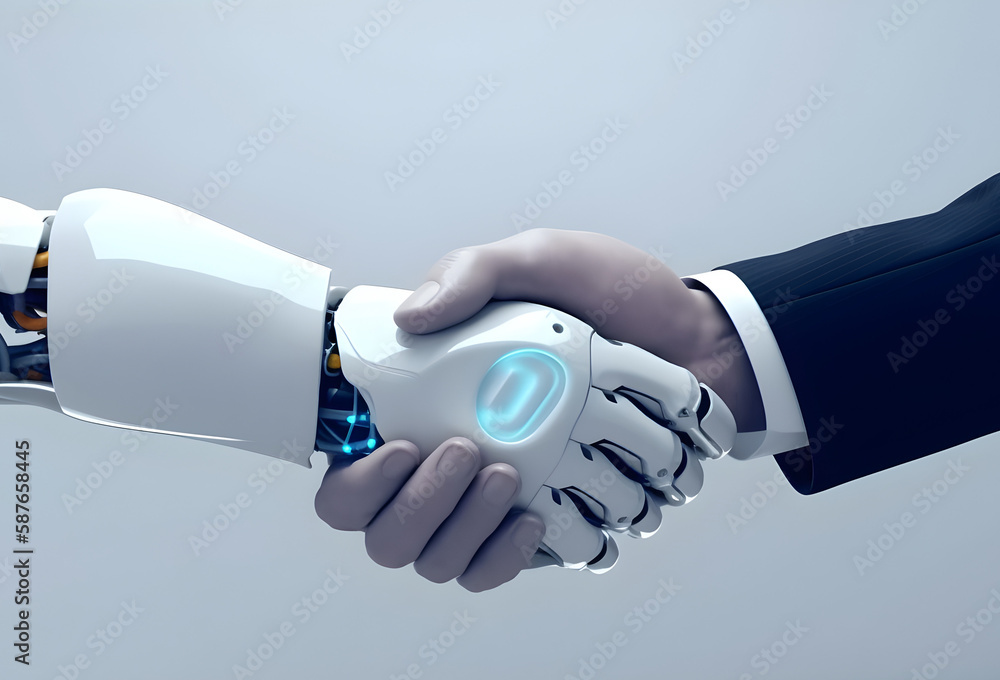 Wall mural robot and businessman hands in handshake. ai technology development and human robot relationships.