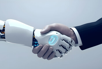 Robot and businessman hands in handshake. AI technology development and human robot relationships.