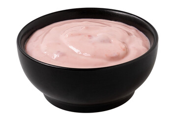 Strawberry yogurt in a black ceramic bowl isolated.