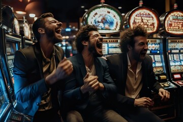 Obraz premium Men rejoice at winning on a slot machine at the casino. ai generated.