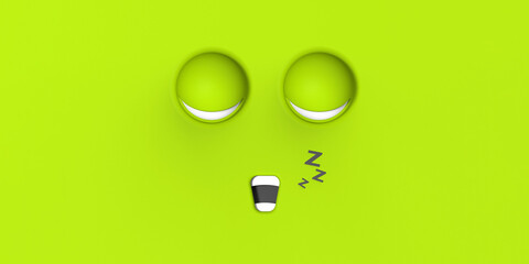 Green face of sleeping cute character. Cute face. relaxation. sleep and rest. Horizontal image. 3d image. 3D rendering. Banner for insertion into site.
