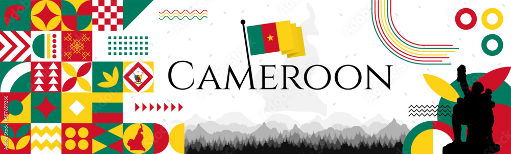 Wall mural The Cameroon Independence Day or Unity Day, abstract banner design with flag and map. Flag color theme geometric pattern retro modern Illustration design. Green, Yellow and Red color template.