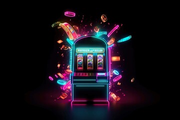 Picture One neon shining casino slot machine in an empty place in high resolution, excellent quality, entertainment, risk, passion, turnover of huge sums of money, abstraction, business. ai generated.