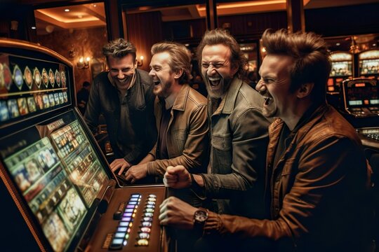 Men rejoice at winning on a slot machine at the casino. ai generated.