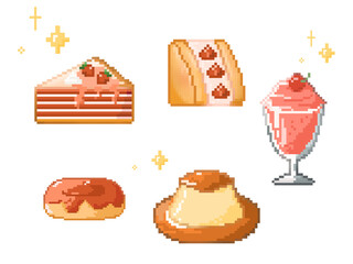 Illustration set of desserts. Cake, Sandwich, Pudding, Ice cream and donut. Concept food and drink. Pixel art 2000s style.