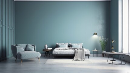Blue living room, in modern style, empty wall art canvas.
