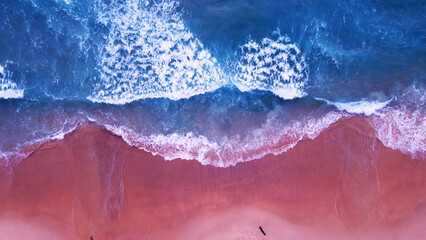 top view beach pink sandy beach sea water rolling come in sandy beach