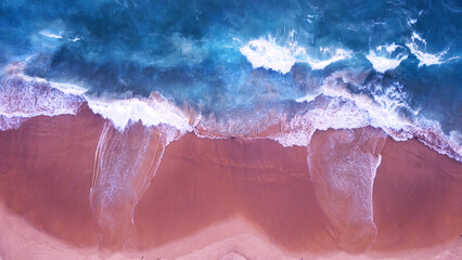 top view beach pink sandy beach sea water rolling come in sandy beach