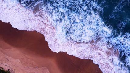 top view beach pink sandy beach sea water rolling come in sandy beach