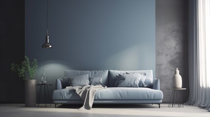 Blue living room, in modern style, empty wall art canvas.