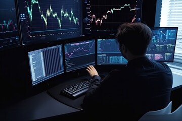 Crypto trader investor analyst broker using pc computer analyzing online cryptocurrency exchange stock market indexes charts investing money profit in stockmarket. Over shoulder view - Generative AI