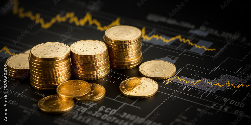Poster a group of golden bitcoin coins are arranged on a graph with numbers and economic development outcom