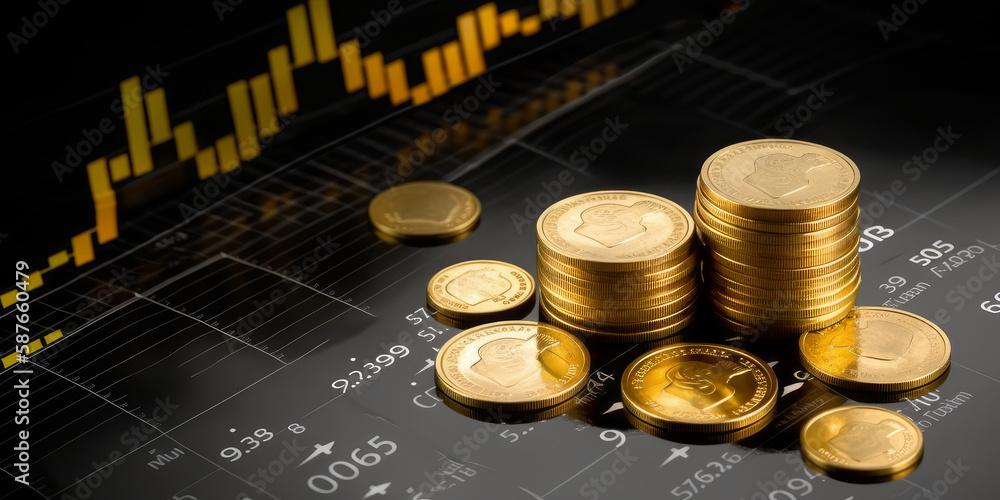 Poster a group of golden swiss franc chf coins are arranged on a graph with numbers and economic developmen