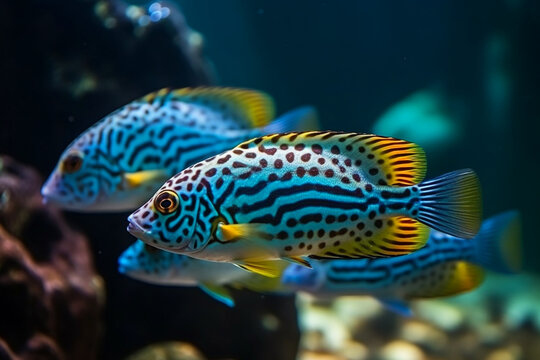 Close up view of colorful Tropical fishes in the ocean. Generative AI	