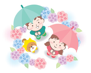 紫陽花に囲まれる傘をさした子供たちと柴犬