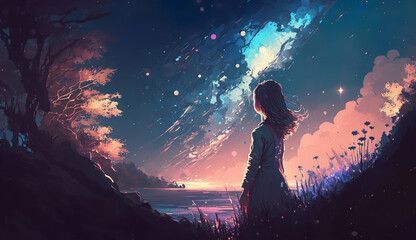 Fototapeta premium Girl under a starry sky, Lo-fi, Generative AI 
