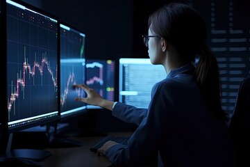Fototapeta na wymiar Crypto woman trader investor analyst using pc computer analyzing online cryptocurrency exchange stock market indexes charts investing money profit in stockmarket. Over shoulder view - Generative AI