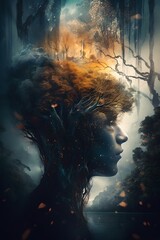 Art piece of a head of a person with trees at a lake symbolizing thoughts and imagination