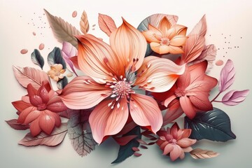 Illustration of colorful flowers arranged in a vase on a wooden table. Generative AI