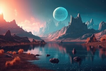 Illustration of an extraterrestrial terrain featuring towering mountains and a serene body of water. Generative AI