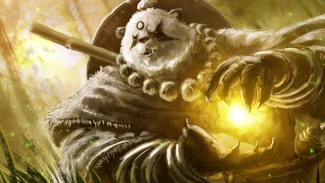 A mighty humanoid panda warrior in old rags with a round hat on his back and large beads on neck, he is a kung fu warrior who forms a clot of spiritual energy in his  paws. approaching 2d animation ar