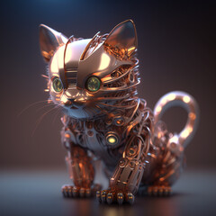 Cute little robotic cat, kawaii, beige on a warm gray background, warm orange side light, 3D rendering