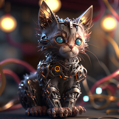 Cute little robotic cat, kawaii, beige on a warm gray background, warm orange side light, 3D rendering