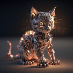 Cute little robotic cat, kawaii, beige on a warm gray background, warm orange side light, 3D rendering