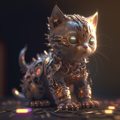 Cute little robotic cat, kawaii, beige on a warm gray background, warm orange side light, 3D rendering