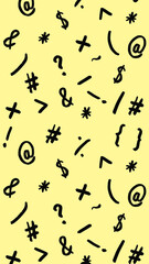 pattern with the image of keyboard symbols. Punctuation marks. Template for applying to the surface. pastel yellow background. Vertical image.