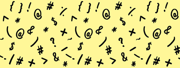pattern with the image of keyboard symbols. Punctuation marks. Template for applying to the surface. pastel yellow background. Horizontal image. Banner for insertion into site.