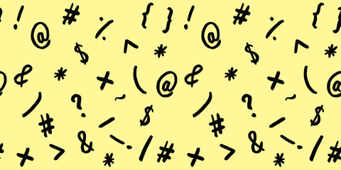 pattern with the image of keyboard symbols. Punctuation marks. Template for applying to the surface. pastel yellow background. Horizontal image. Banner for insertion into site.