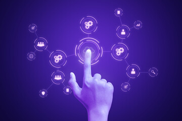 The hand displays the company's icon. Businesswoman holding arrow, rising future growth graph