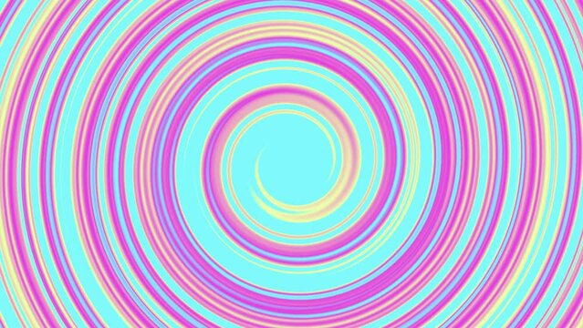 Colorful pastel neon lollipop texture. Yellow blue pink purple spiral background. Pulsation motion. Vibrant fantasy wallpaper. Summer swirl animation. Rave party cover. Kids festival, camp, event