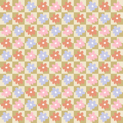 Groovy daisy flowers hippie aesthetic seamless pattern. Funny simple checkerboard print for fabric, paper, T-shirt. Doodle illustration for decor and design.