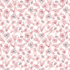 Pychedelic eamless pattern with flowers and butterflies on grid distorted background. Groovy  summer print for fabric, paper, T-shirt. Floral doodle illustration for decor and design.