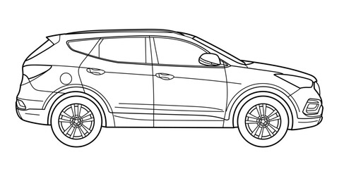 Classic suv car. Crossover car side view shot. Outline doodle vector illustration. Design for print, coloring book