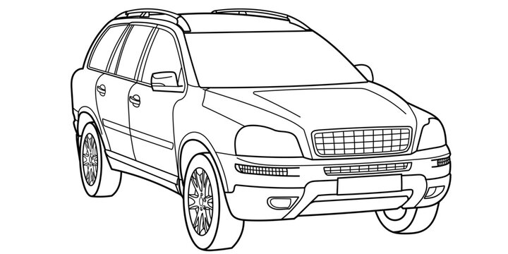 Classic suv car. Crossover car front and side view shot. Outline doodle vector illustration. Design for print, coloring book