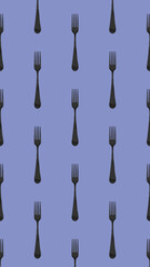 pattern. Fork top view on pastel blue background. Template for applying to surface. Vertical image. Flat lay. 3D image. 3D rendering.