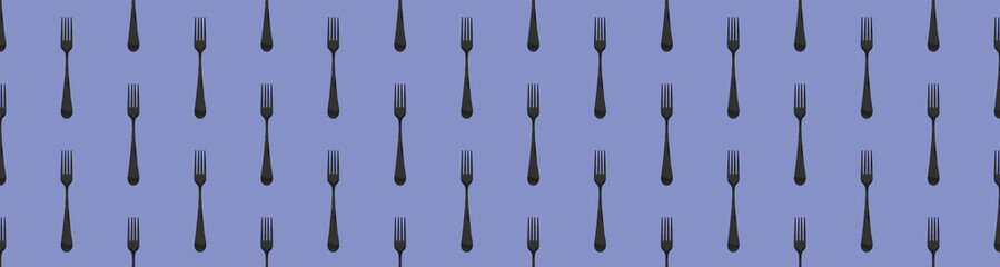 pattern. Fork top view on pastel blue background. Template for applying to surface. Horizontal image. Flat lay. 3D image. 3D rendering. Banner for insertion into site.