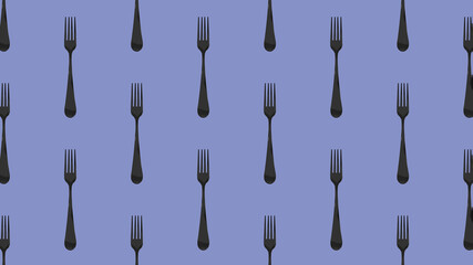 pattern. Fork top view on pastel blue background. Template for applying to surface. Horizontal image. Flat lay. 3D image. 3D rendering. Banner for insertion into site.