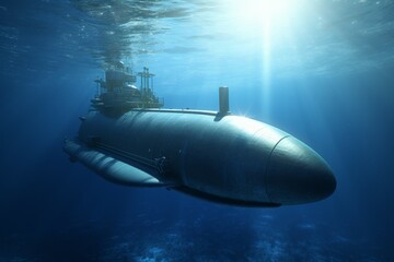 Submarine in underwater sun. Generate Ai