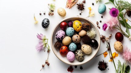 Naklejka na ściany i meble colorful Easter composition with spring flowers and colorful quail eggs Generated AI