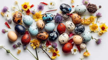 Naklejka premium colorful Easter composition with spring flowers and colorful quail eggs Generated AI