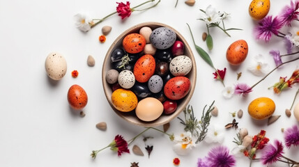 colorful Easter composition with spring flowers and colorful quail eggs Generated AI