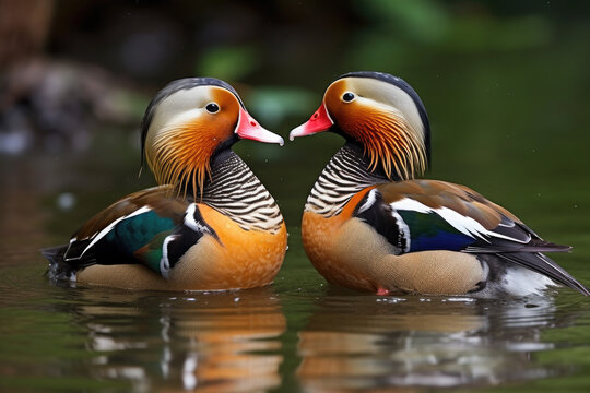 Mandarin Ducks on lake, generative AI