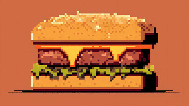 8 or 16 bit illustration of delicious burger on orange background. ai generative