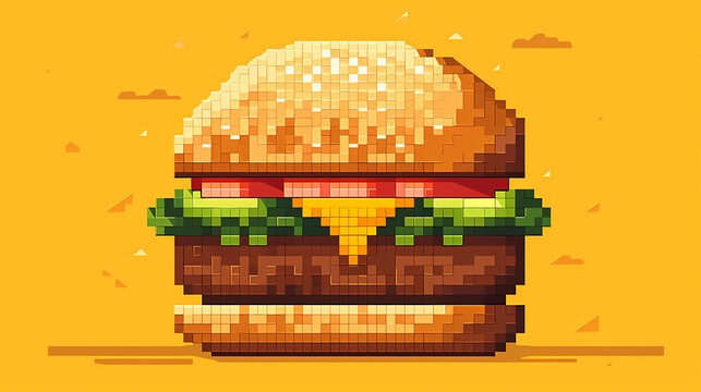 8 or 16 bit illustration of delicious burger on yellow background. ai generative