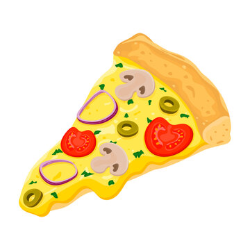 Vegetarian Pizza. Vector vegetarian pizza slice. Fast food illustration on white background.